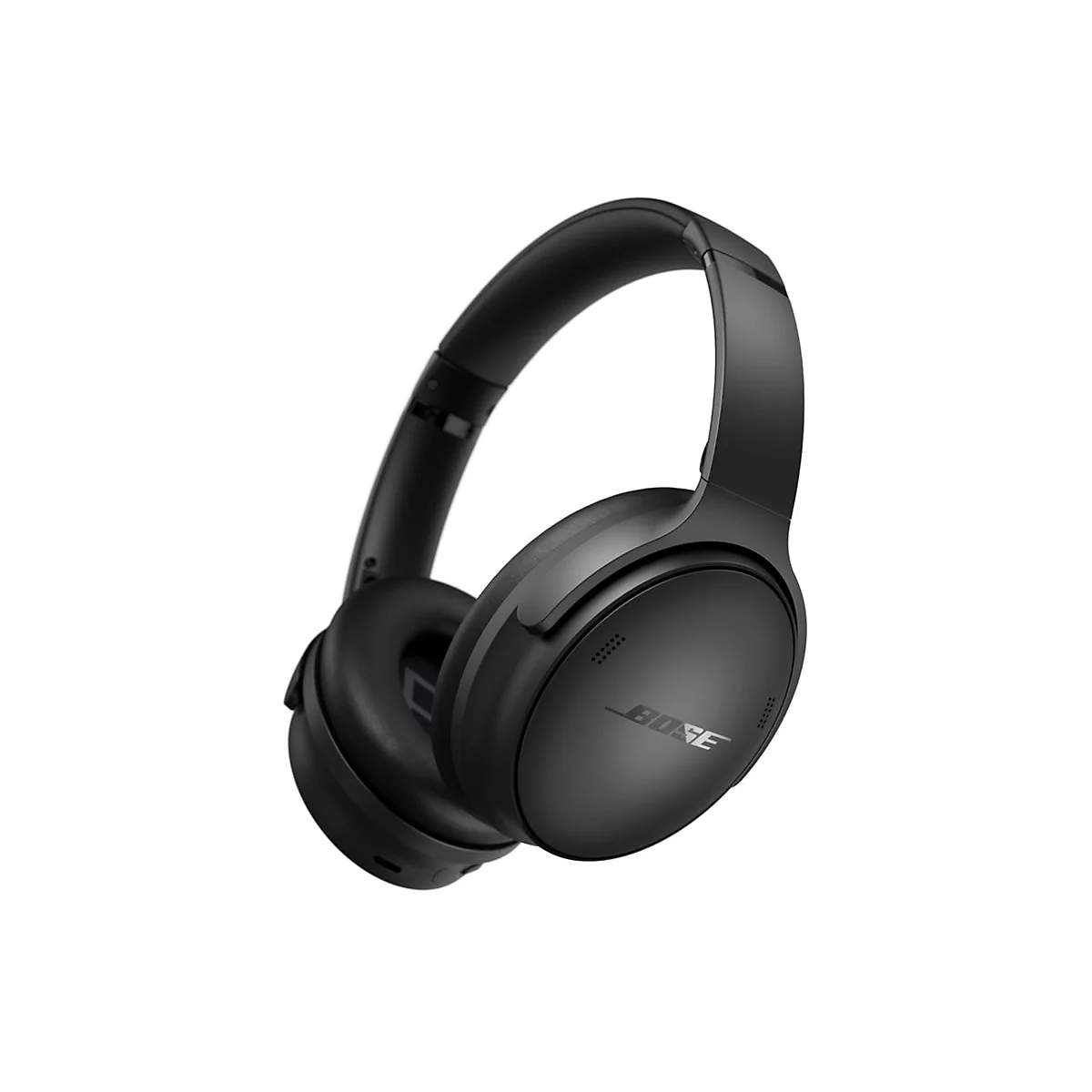 Schwarze, kabellose Bose Over-Ear-Kopfhörer vor weißem Hintergrund.