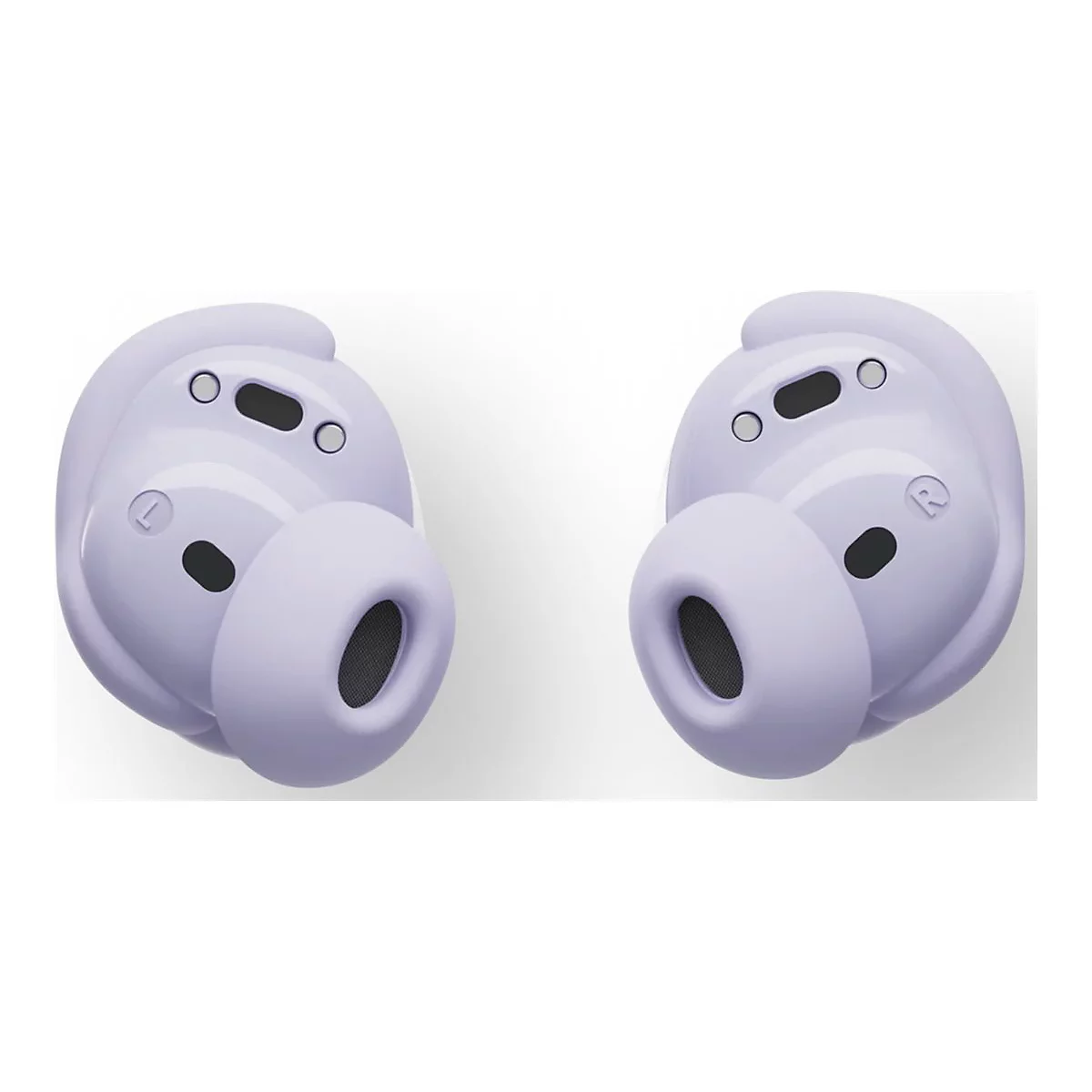 Zwei hellviolette In-Ear-Kopfhörer vor weißem Hintergrund. Die Ohrhörer sind mit einem 'L' und 'R' gekennzeichnet.