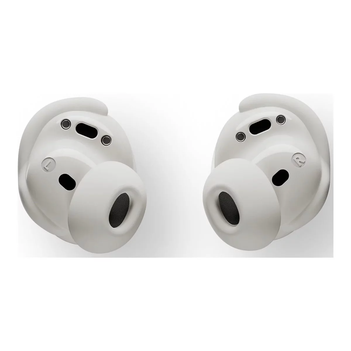 Zwei weiße In-Ear-Kopfhörer vor weißem Hintergrund mit klar sichtbaren L- und R-Markierungen.
