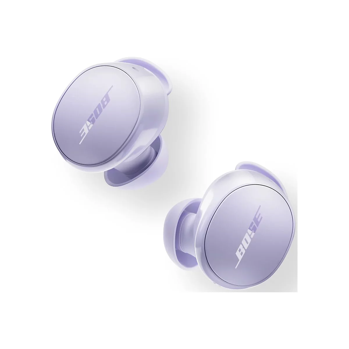 Zwei hellviolette Bose In-Ear-Kopfhörer mit abgerundetem Design auf weißem Hintergrund.