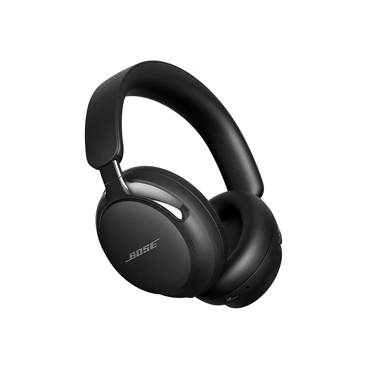 Schwarze kabellose Bose-Over-Ear-Kopfhörer vor weißem Hintergrund mit Bose-Logo.