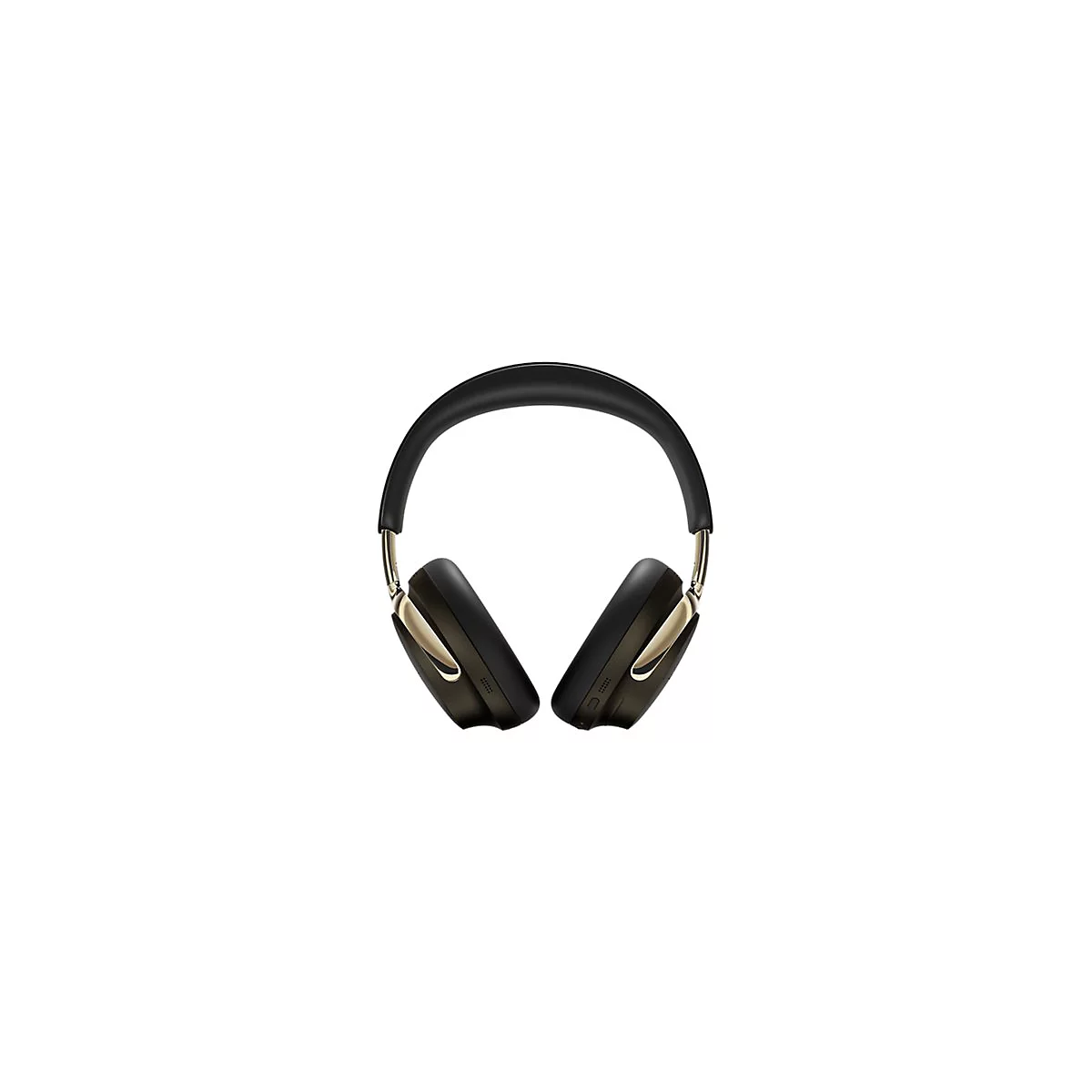 Schwarze Over-Ear-Kopfhörer mit goldenen Akzenten vor weißem Hintergrund.