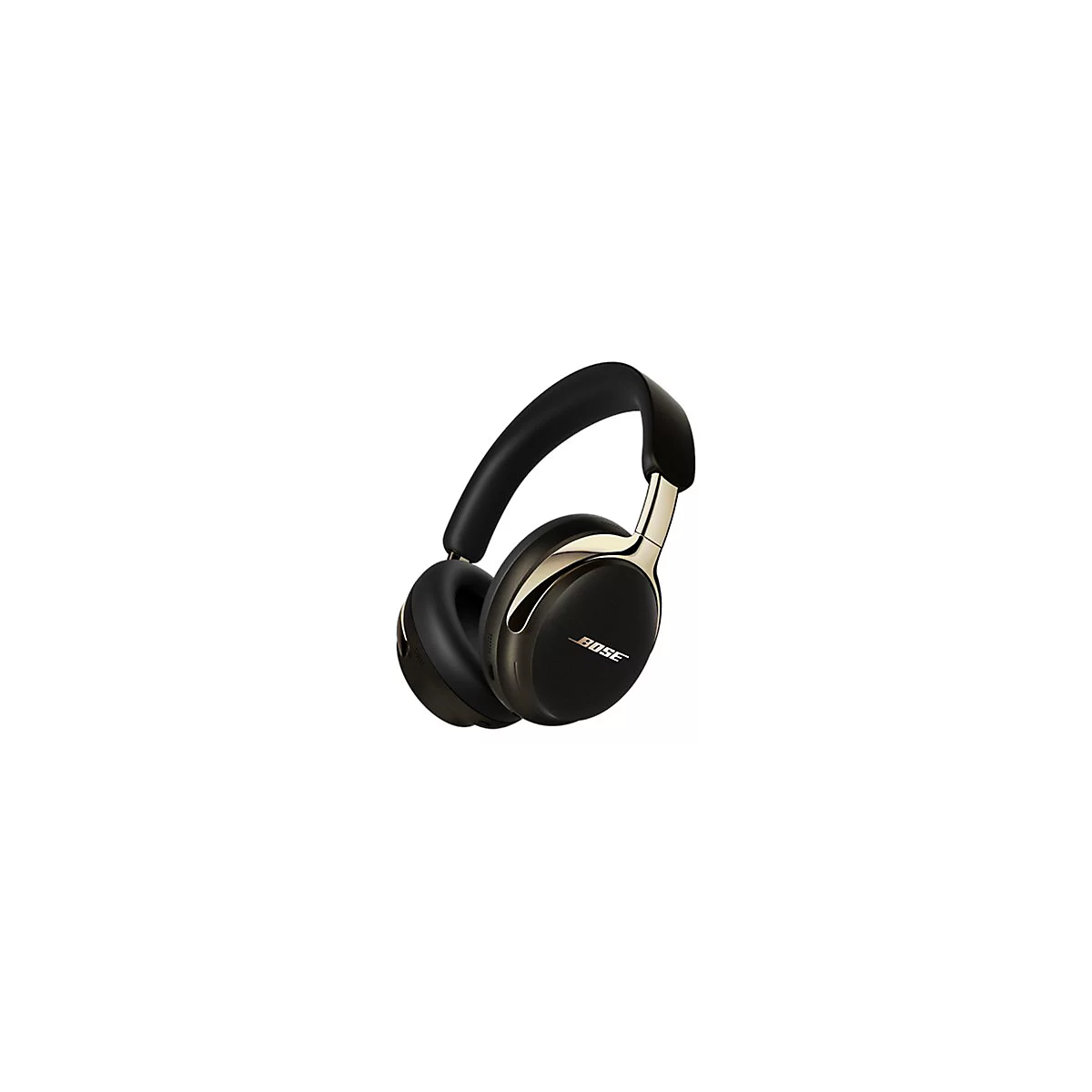 Schwarze Bose-Over-Ear-Kopfhörer mit goldenen Akzenten auf weißem Hintergrund.