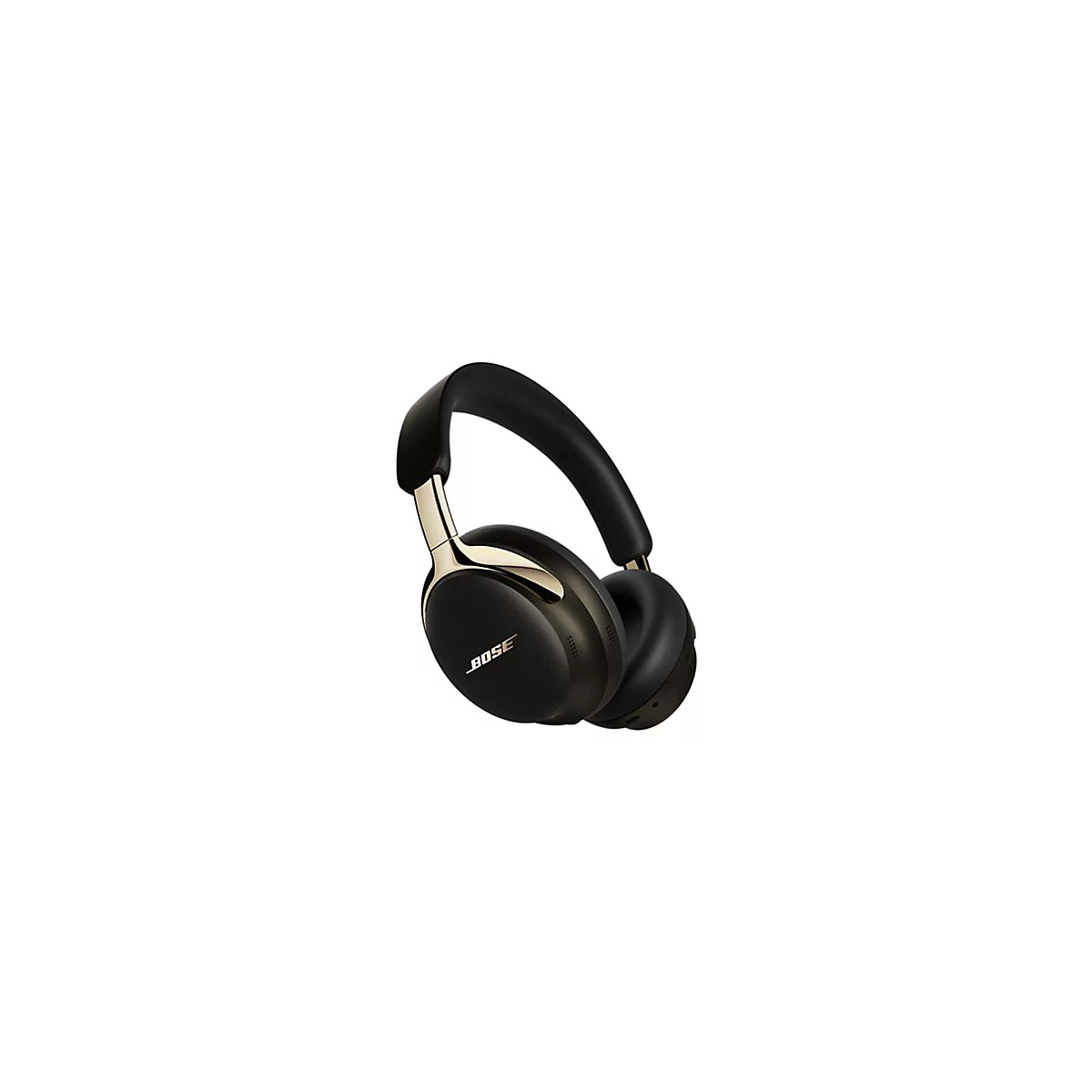 Schwarze Bose Noise-Cancelling-Kopfhörer mit goldenen Akzenten auf weißem Hintergrund.