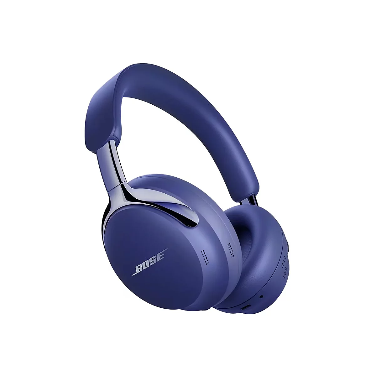 Dunkelblaue Bose Over-Ear-Kopfhörer mit glänzenden silbernen Akzenten vor weißem Hintergrund.