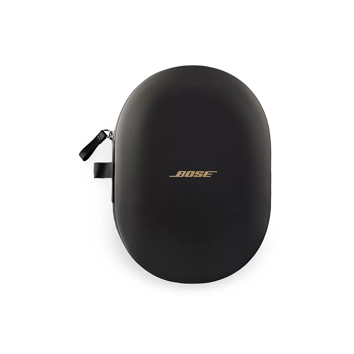 Schwarze, ovale Transporttasche für Bose-Kopfhörer mit Logo auf der Vorderseite.