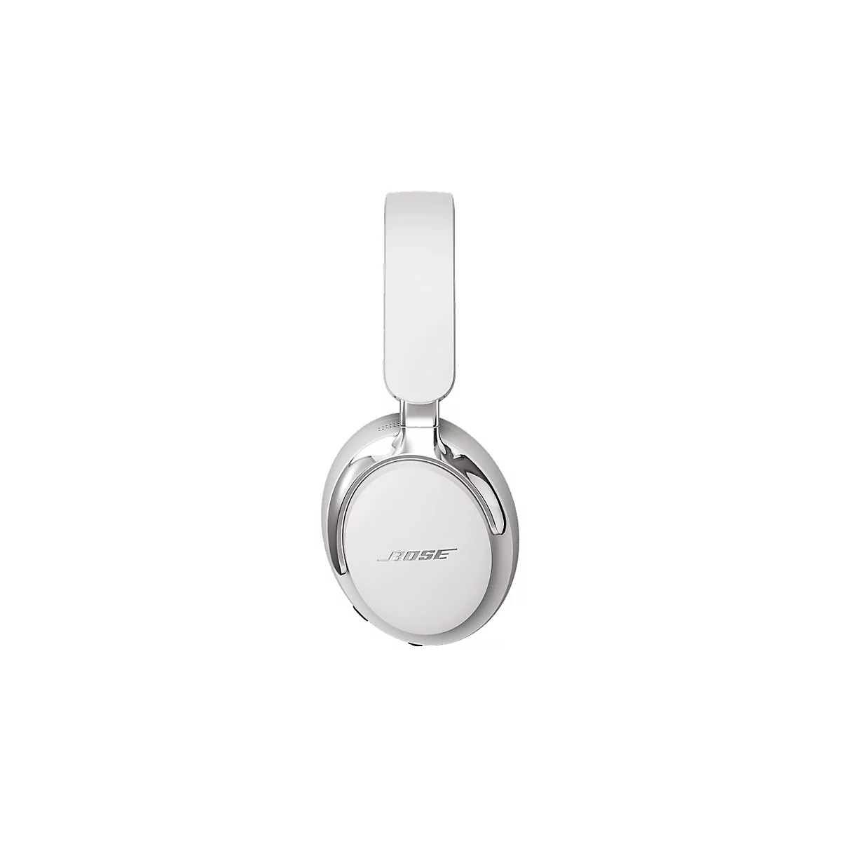 Weiße Bose Over-Ear-Kopfhörer vor weißem Hintergrund mit silbernen Akzenten und Bose-Schriftzug.