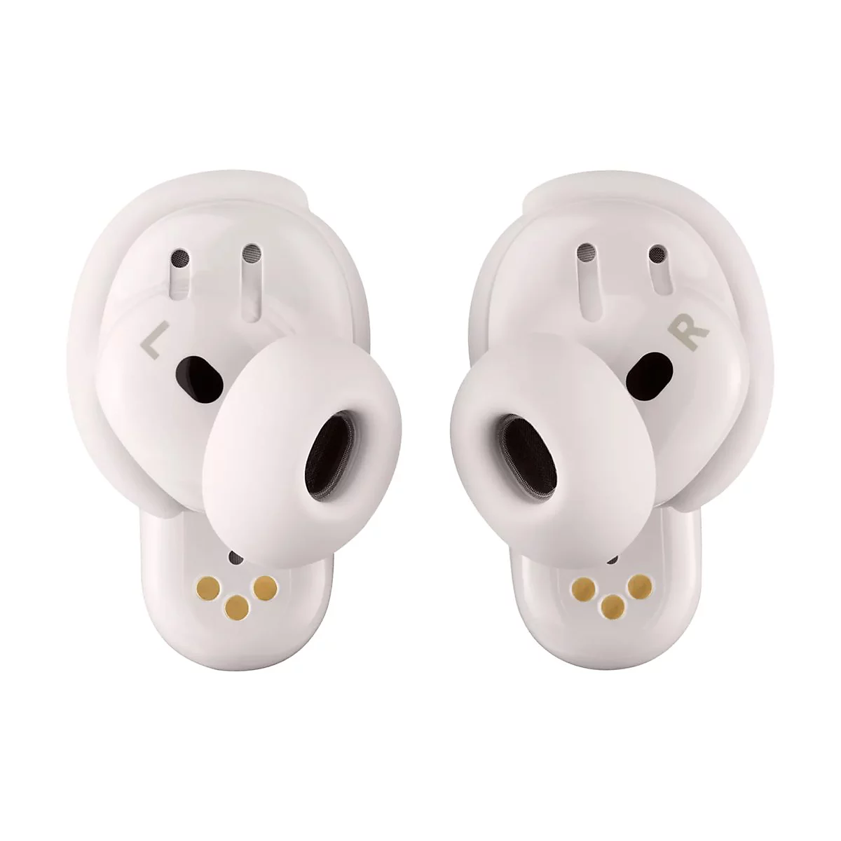 Weiße In-Ear-Kopfhörer mit abgerundetem Design und deutlich sichtbaren L- und R-Markierungen vor weißem Hintergrund.