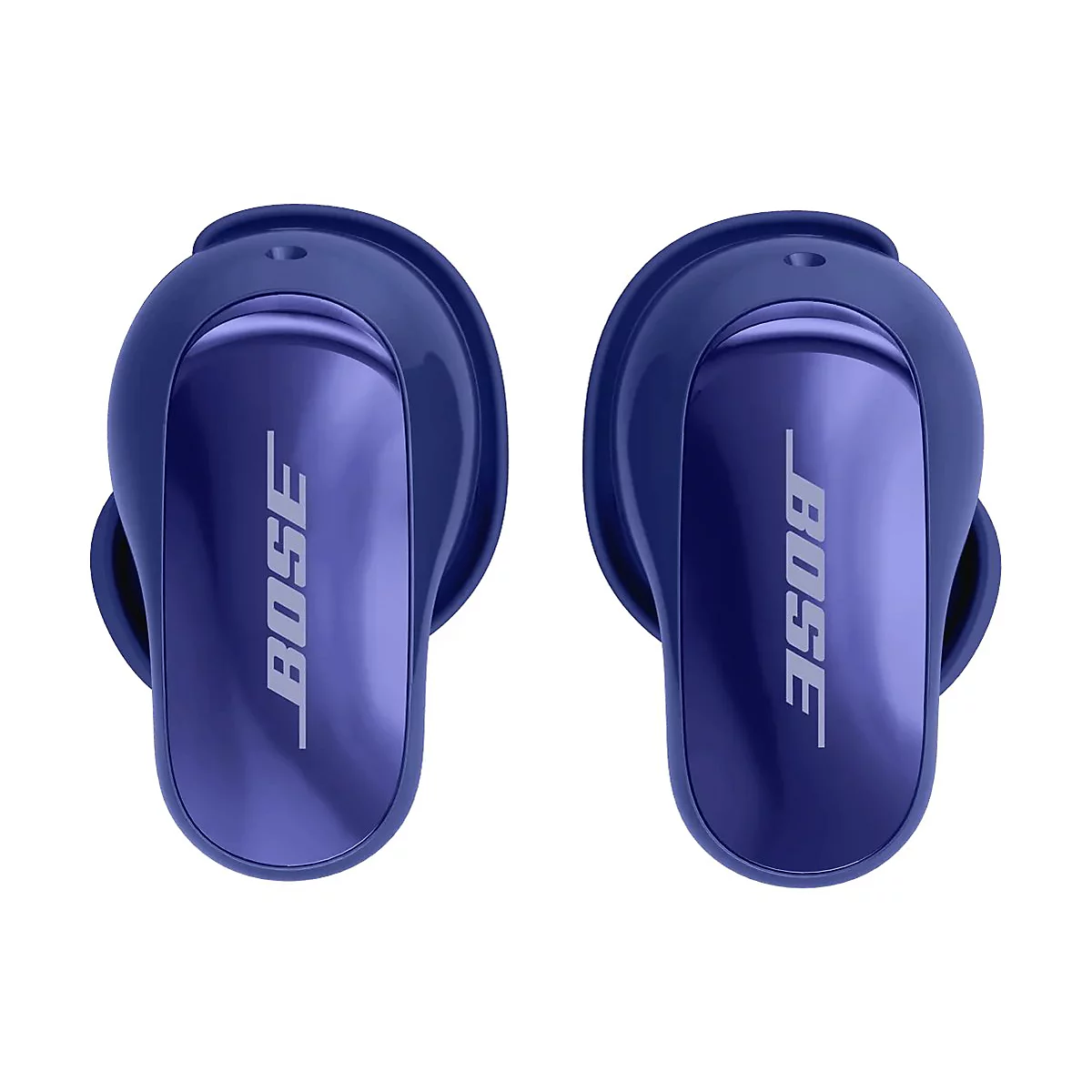 Zwei tiefblaue Bose In-Ear-Kopfhörer vor weißem Hintergrund, mit silbernem Bose-Logo auf der glänzenden Oberfläche.