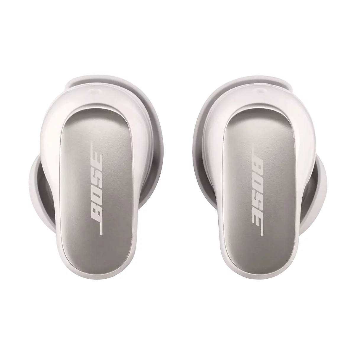 Zwei weiße Bose In-Ear-Kopfhörer mit silbernen Touch-Flächen und Bose-Schriftzug vor weißem Hintergrund.