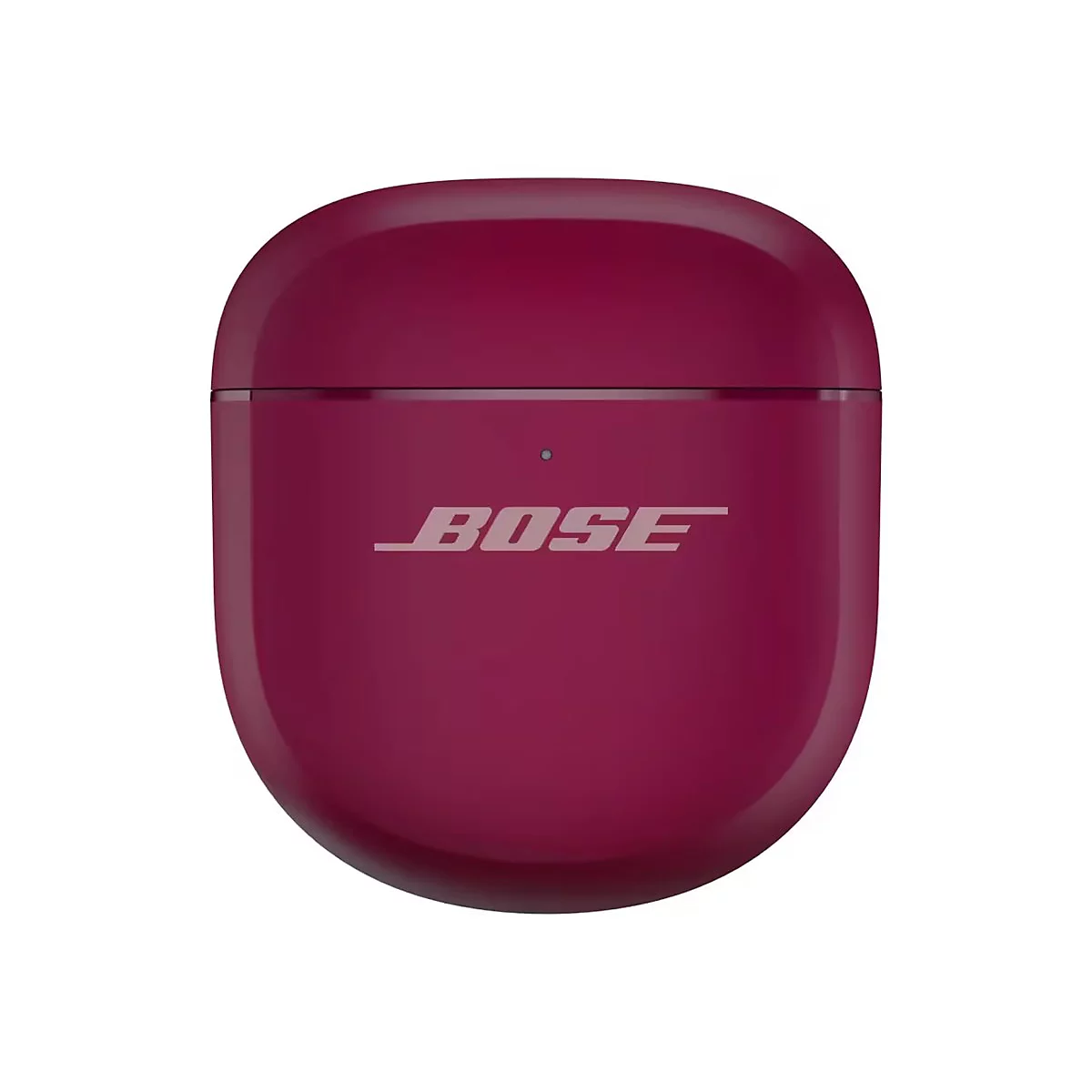 Dunkelrotes, abgerundetes Bose-Ladecase für Kopfhörer mit mittigem Logo und kleiner Status-LED.