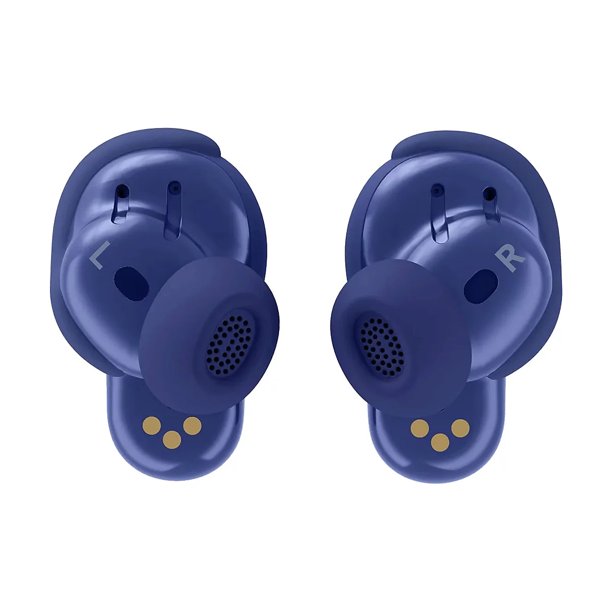 Dunkelblaue In-Ear-Kopfhörer mit L- und R-Markierung und drei goldenen Ladekontakten vor weißem Hintergrund.