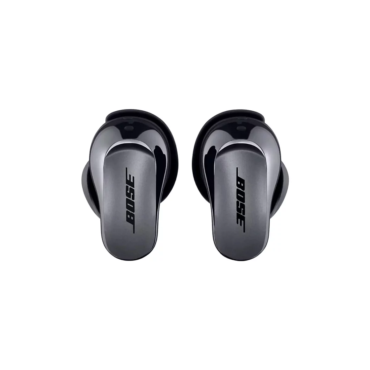 Zwei schwarze Bose In-Ear-Kopfhörer vor weißem Hintergrund, mit Bose-Logo auf der Außenseite.