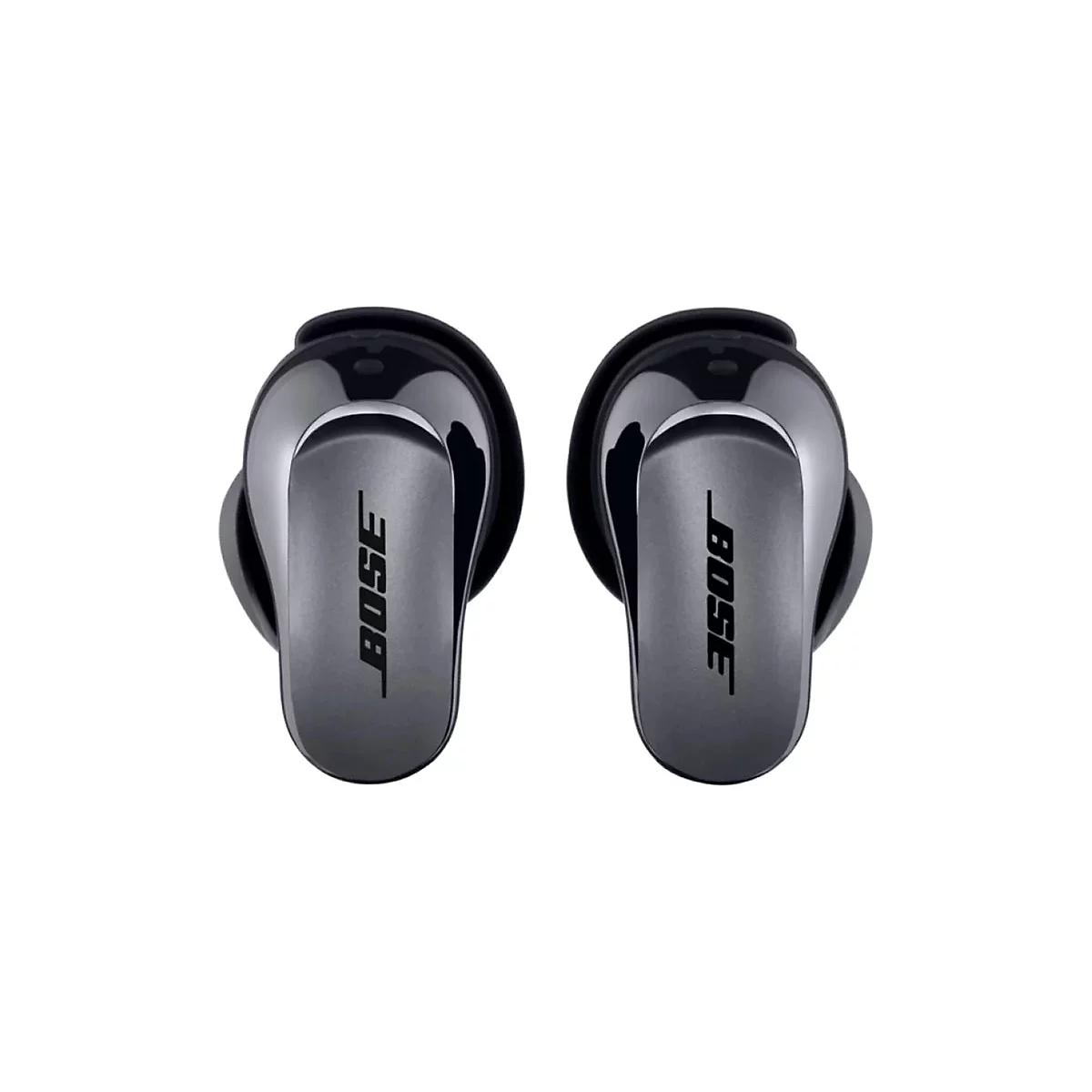 Zwei schwarze Bose In-Ear-Kopfhörer vor weißem Hintergrund mit Firmenlogo auf der Gehäuseoberfläche.
