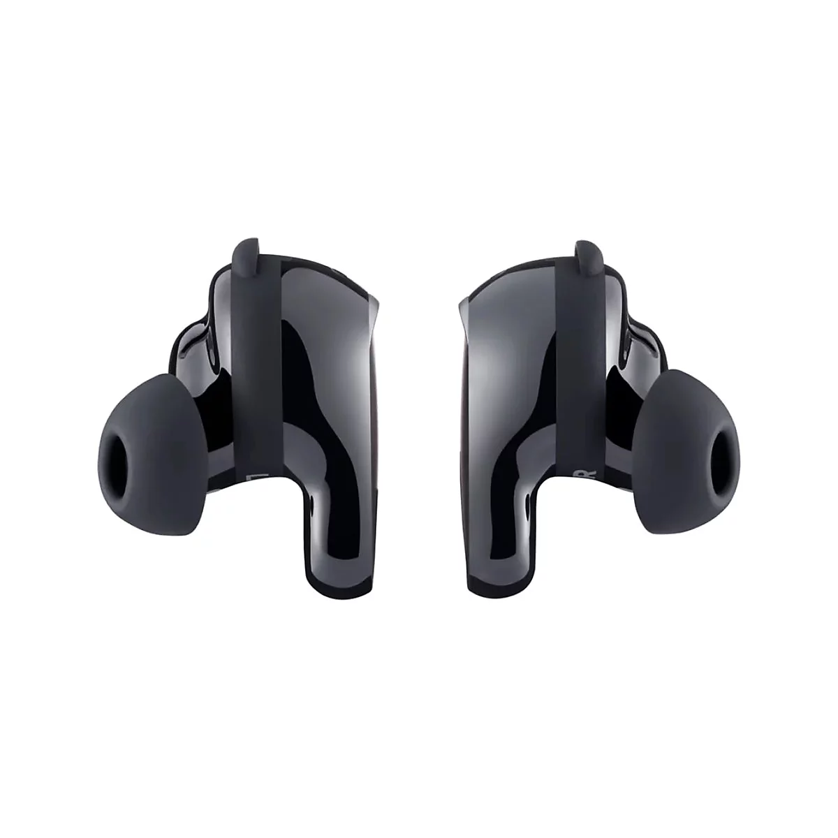 Zwei glänzend schwarze In-Ear-Kopfhörer mit matten Ohrstöpseln vor weißem Hintergrund.