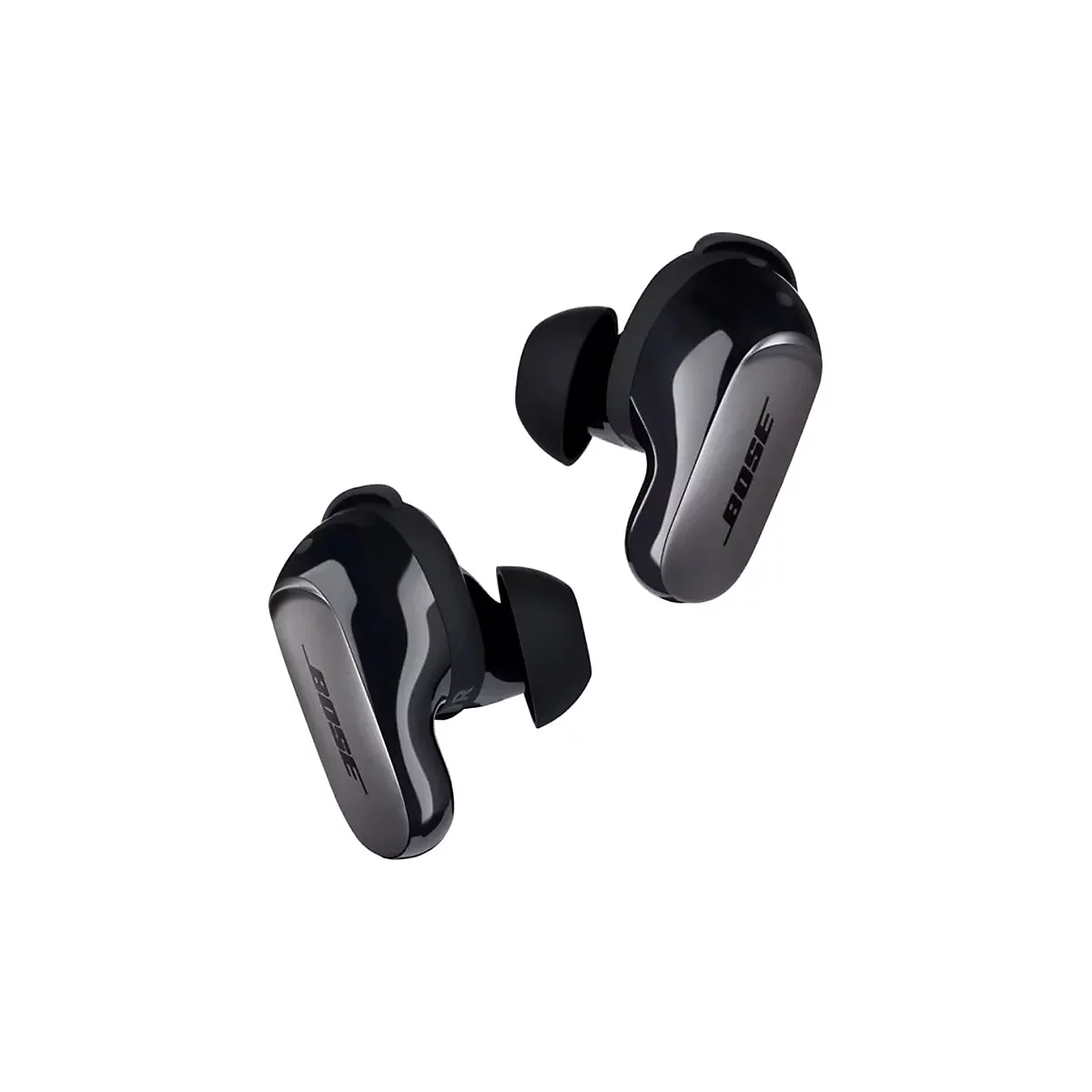 Schwarze, glänzende Bose In-Ear-Kopfhörer vor weißem Hintergrund mit Bose-Logo.