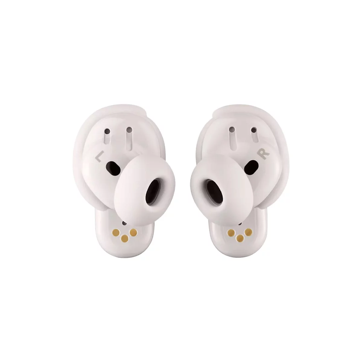 Zwei weiße In-Ear-Kopfhörer mit L- und R-Markierung auf weißem Hintergrund.