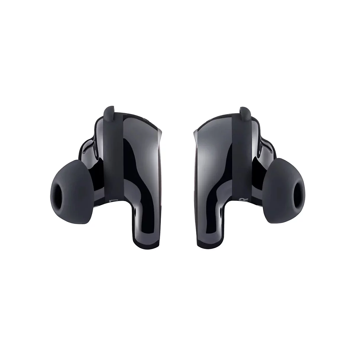 Zwei schwarze In-Ear-Kopfhörer mit glänzender Oberfläche und matten Silikonaufsätzen vor weißem Hintergrund.