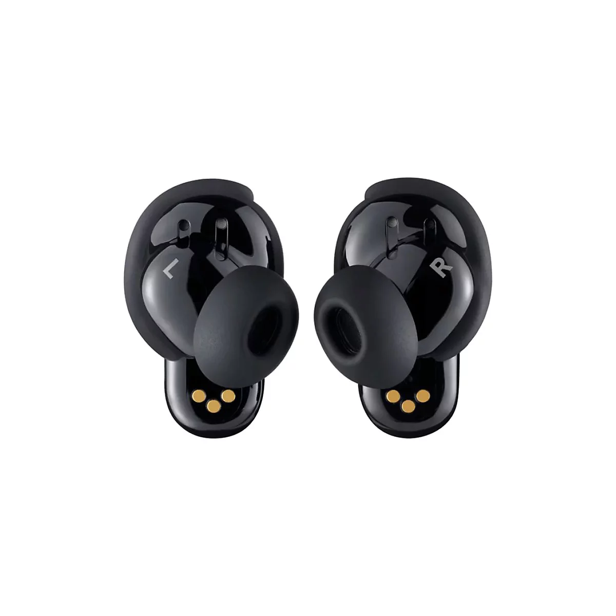Zwei schwarze In-Ear-Kopfhörer mit L- und R-Markierung vor weißem Hintergrund.