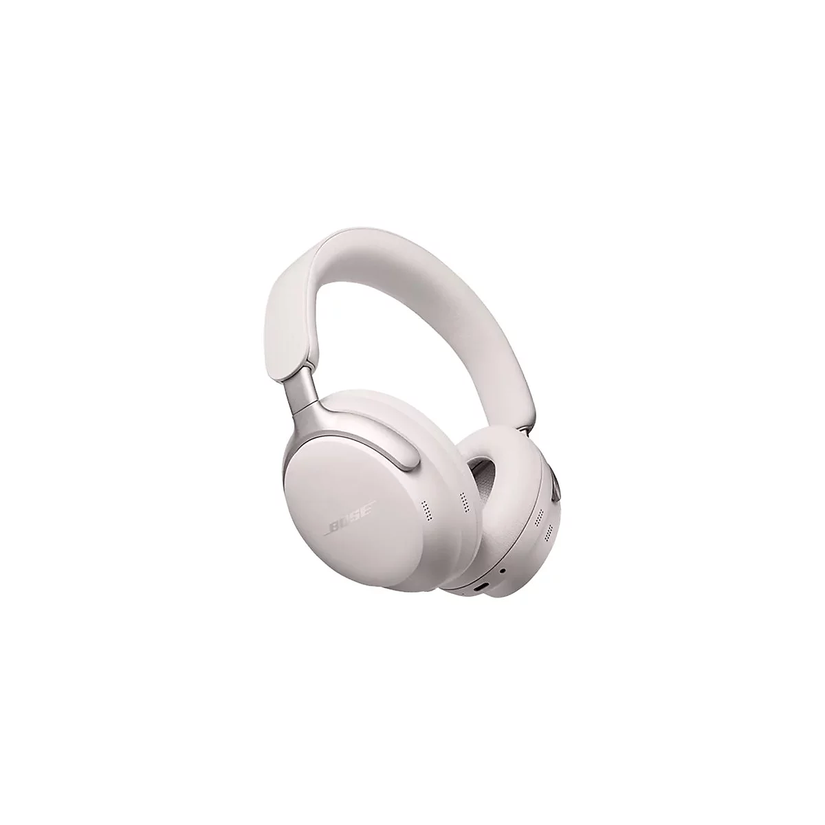 Weiße Bose Over-Ear-Kopfhörer vor weißem Hintergrund mit dezentem Bose-Logo.