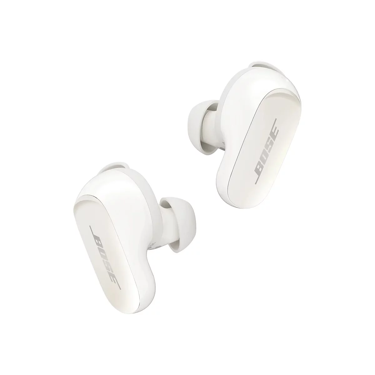 Weiße Bose In-Ear-Kopfhörer vor weißem Hintergrund mit dezentem Bose-Logo.