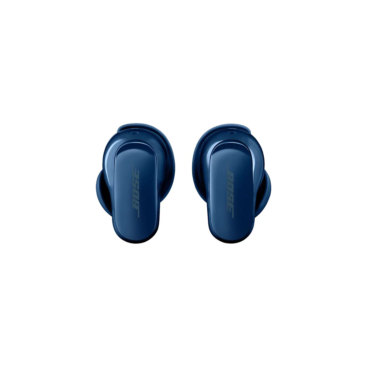Zwei glänzend dunkelblaue Bose In-Ear-Kopfhörer vor weißem Hintergrund.