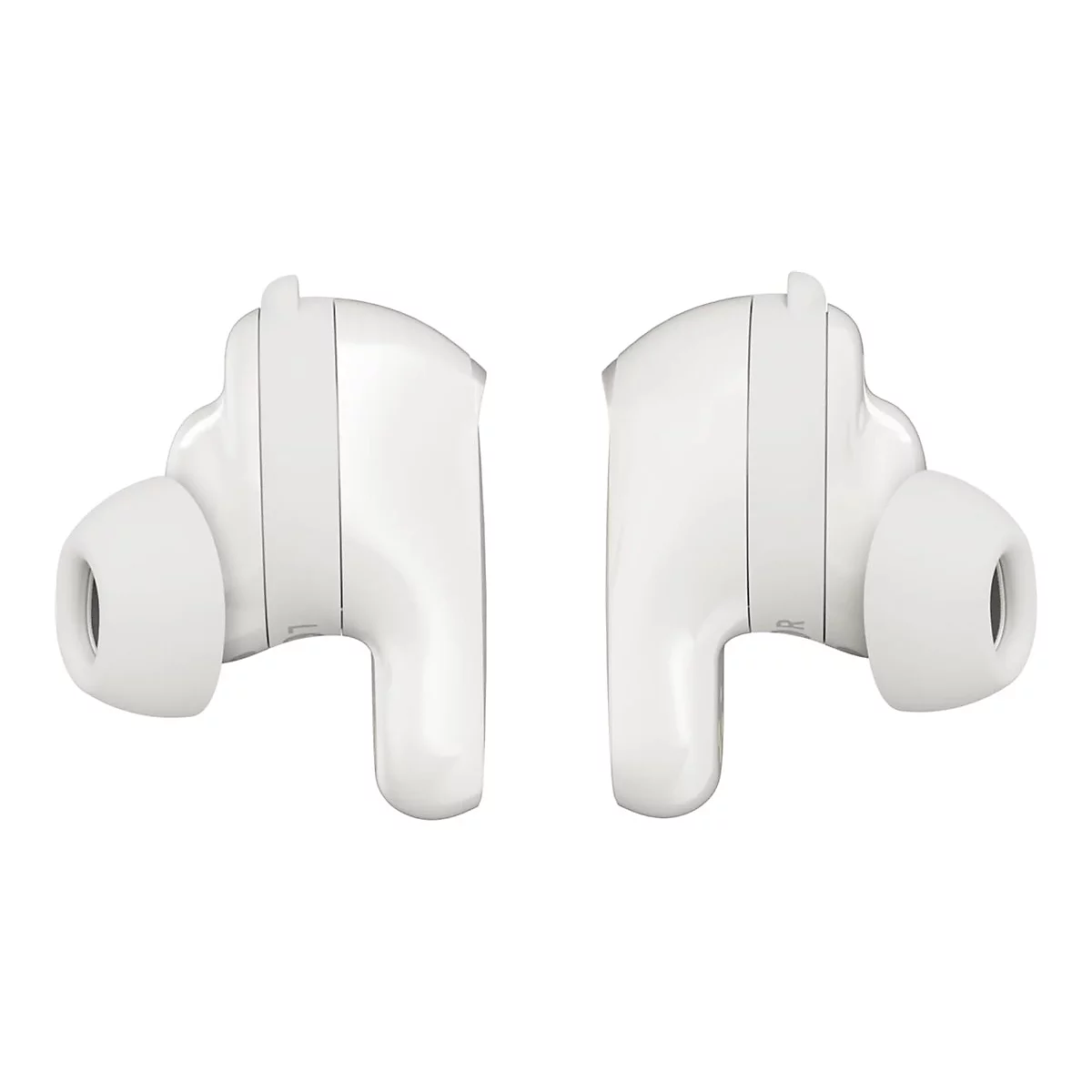 Zwei weiße In-Ear-Kopfhörer vor weißem Hintergrund.