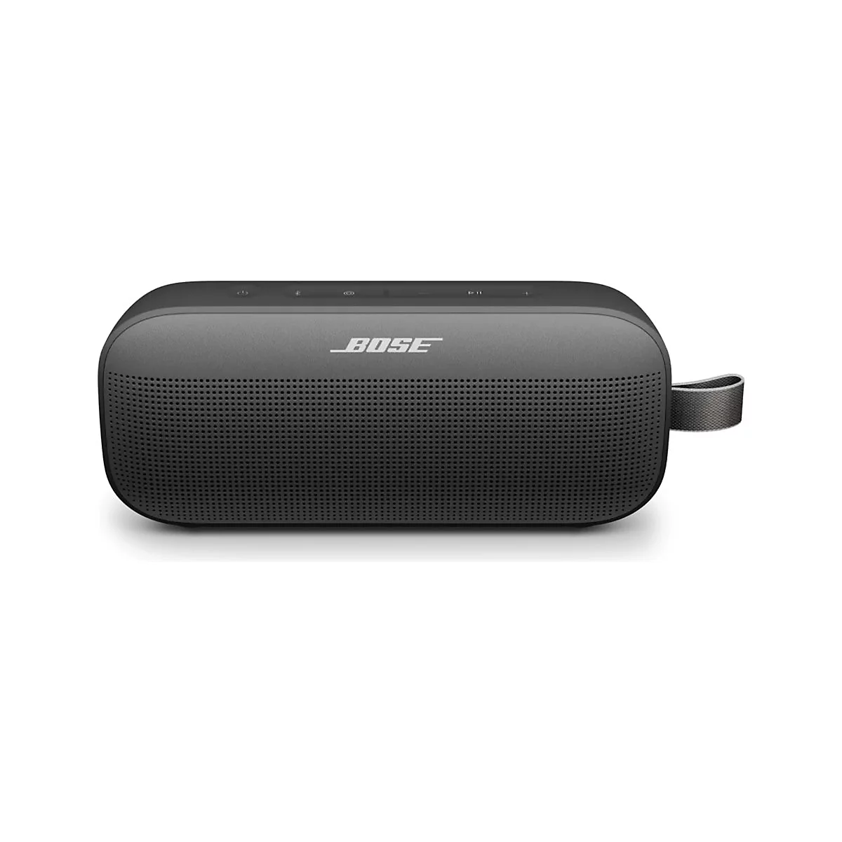 Schwarzer, länglicher Bose Bluetooth-Lautsprecher vor weißem Hintergrund mit Trageschlaufe rechts.