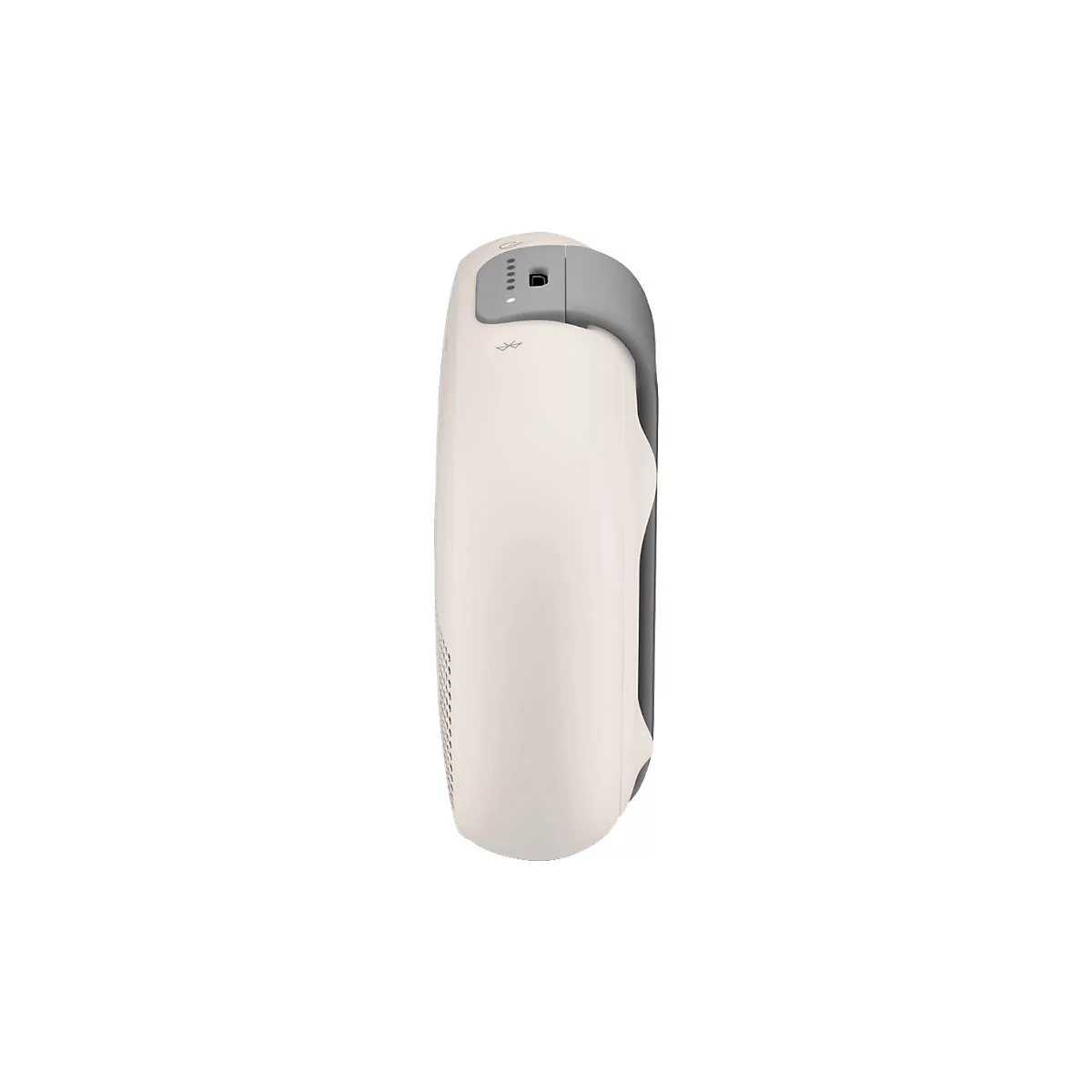 Seitenansicht eines beigen Bluetooth-Lautsprechers mit sichtbarem USB-Ladeanschluss und Statusanzeige.