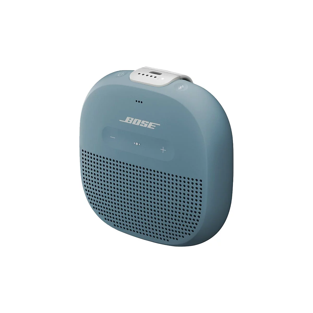 Blauer Bose Bluetooth-Lautsprecher vor weißem Hintergrund.