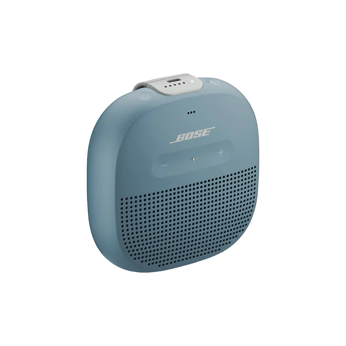 Blauer, kompakter, quadratischer Bluetooth-Lautsprecher von Bose mit abgerundeten Ecken und Front-Gitter.