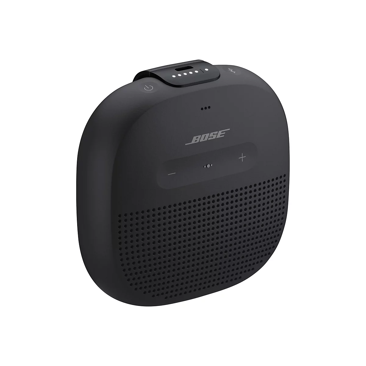 Schwarzer, quadratischer Bose Bluetooth-Lautsprecher mit abgerundeten Ecken vor weißem Hintergrund.