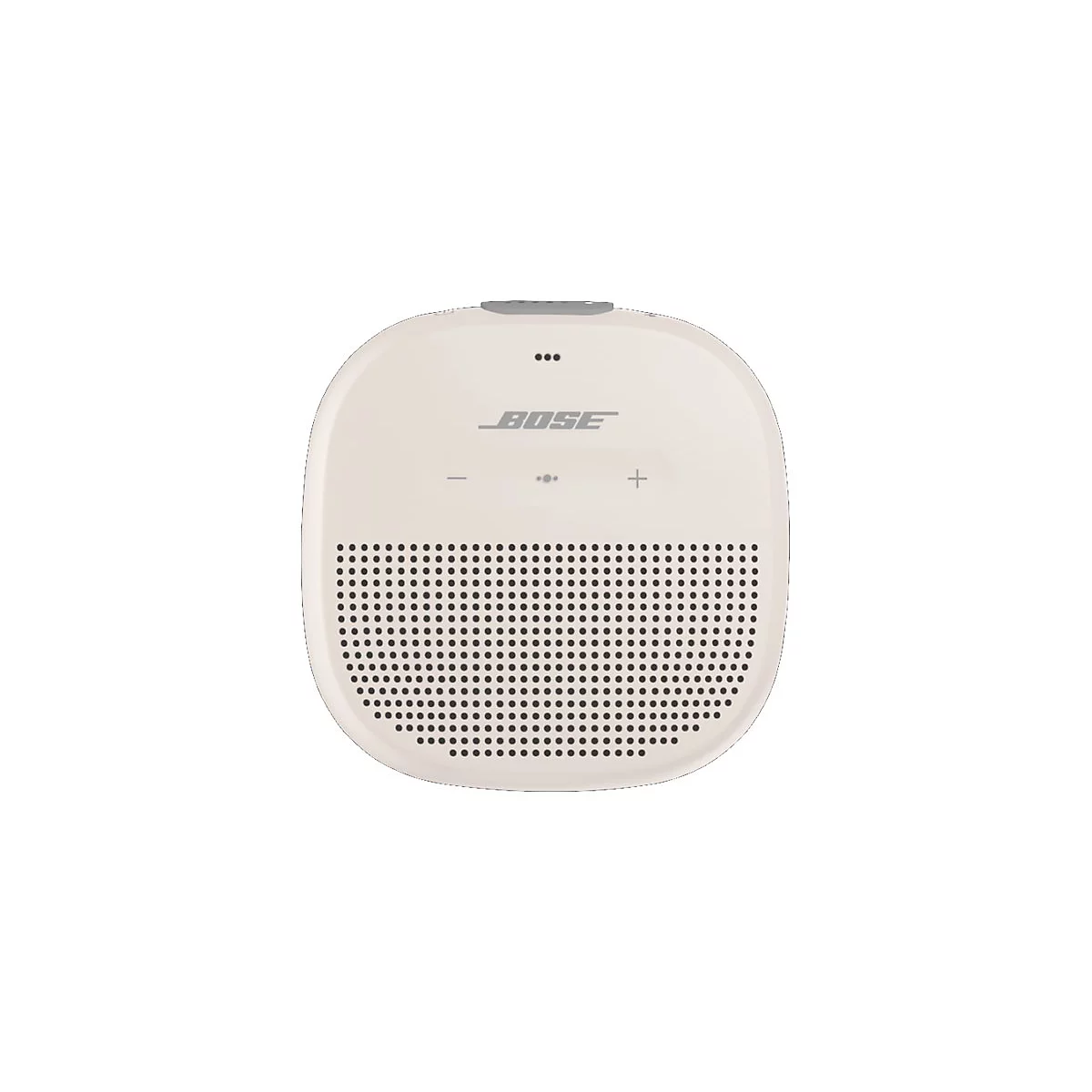 Beiger, quadratischer Bose Bluetooth-Lautsprecher mit abgerundeten Ecken und zentralem Logo vor weißem Hintergrund.