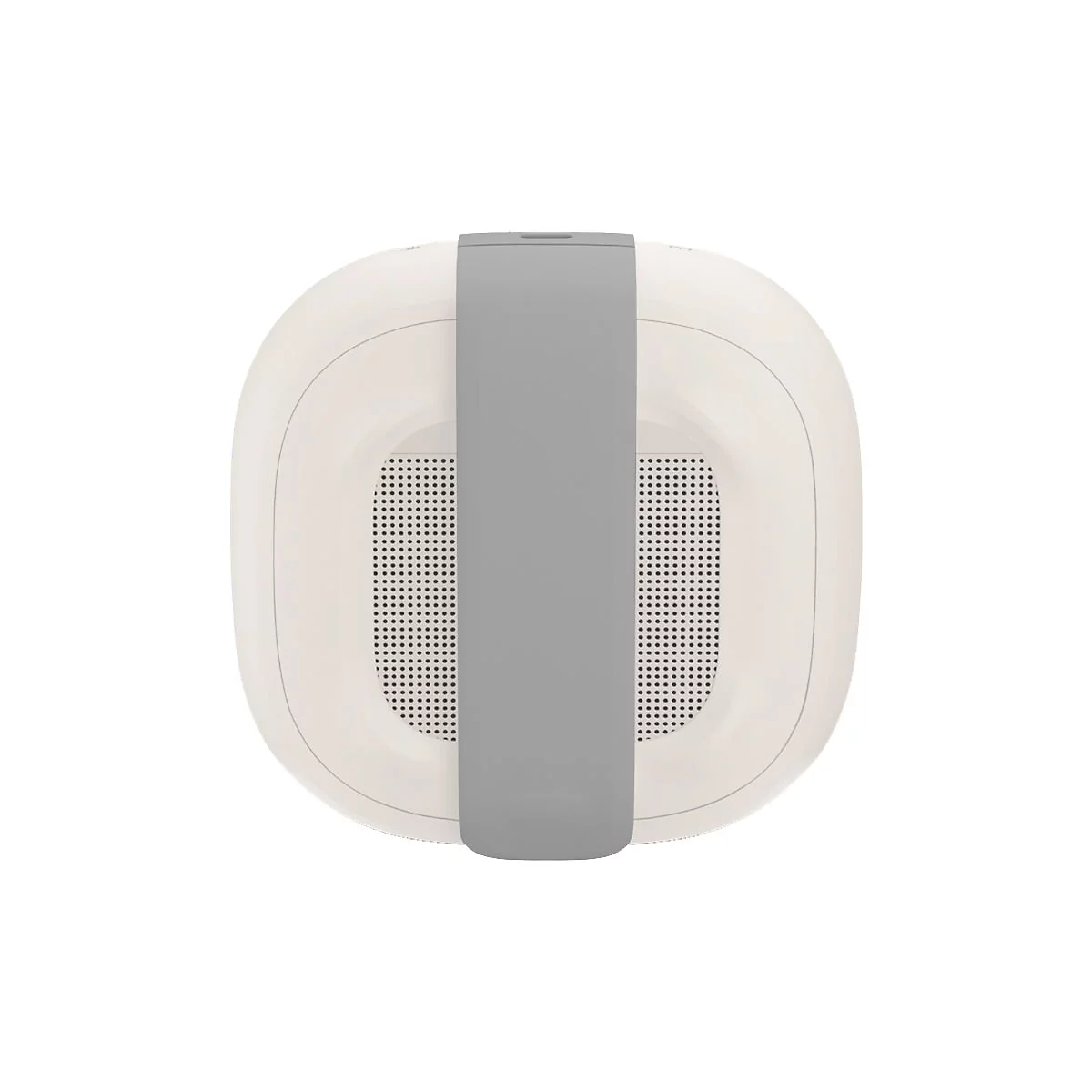 Hellweiße, ovale Luftreiniger-Oberseite mit grauem Band, zwei perforierte Bereiche.