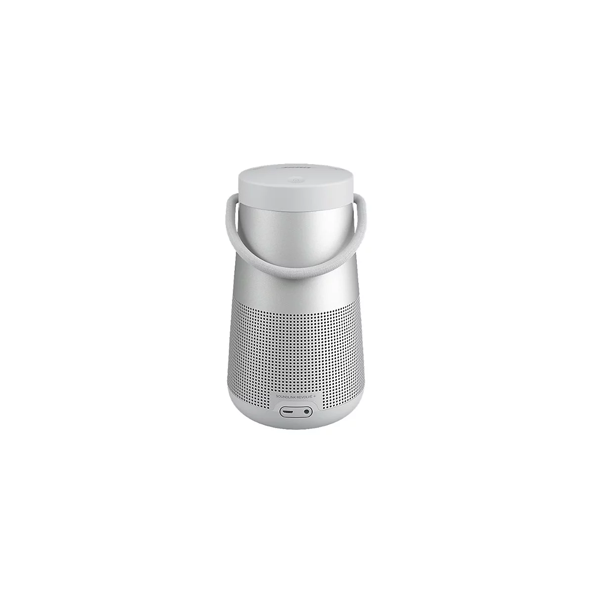 Silberner Bluetooth-Lautsprecher mit Tragegriff und der Aufschrift SOUNDLINK REVOLVE+.