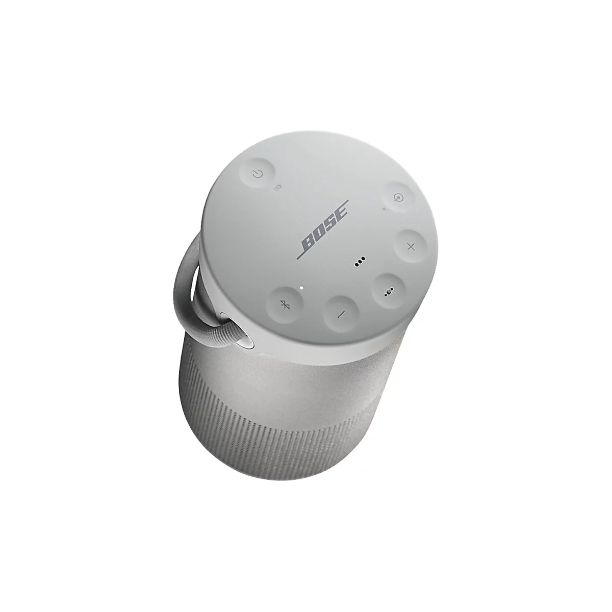 Grauer Bluetooth-Lautsprecher von Bose. Oben befinden sich Funktionstasten und das Logo.