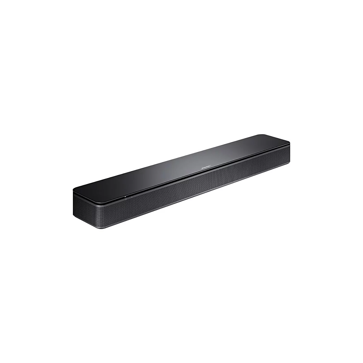 Schwarze, schlanke Bose Soundbar vor weißem Hintergrund mit Gitterfront und Bose-Logo oben.