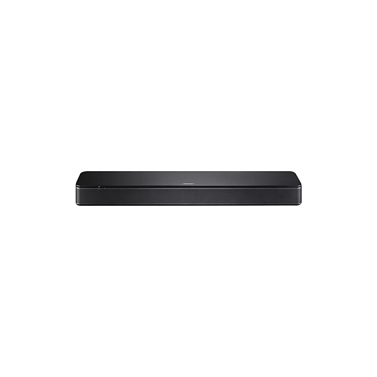 Schwarze, flache Bose Soundbar vor neutralem Hintergrund.