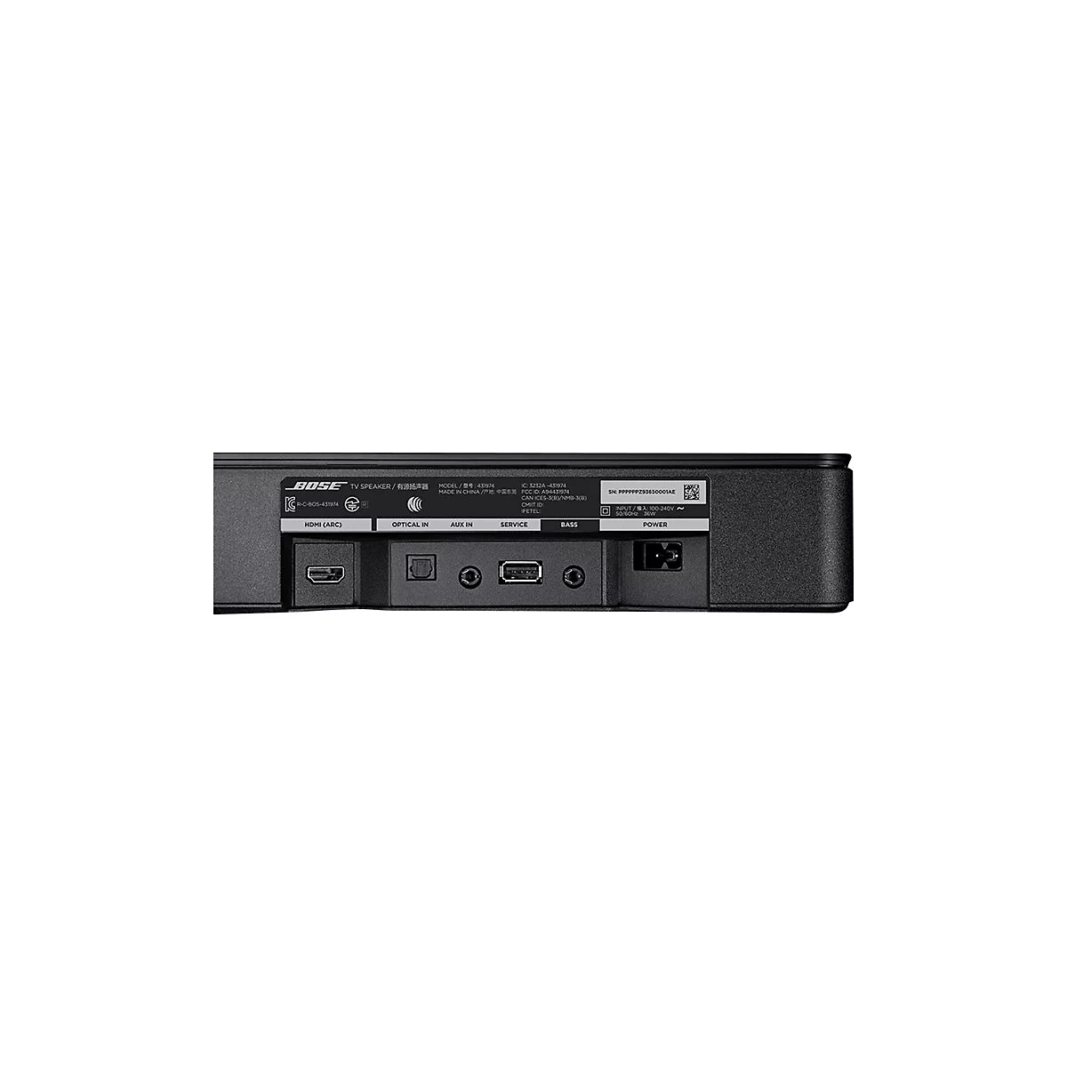 Rückseite einer Bose TV-Lautsprecherleiste mit verschiedenen Anschlüssen wie HDMI, Optical, AUX und Stromanschluss.