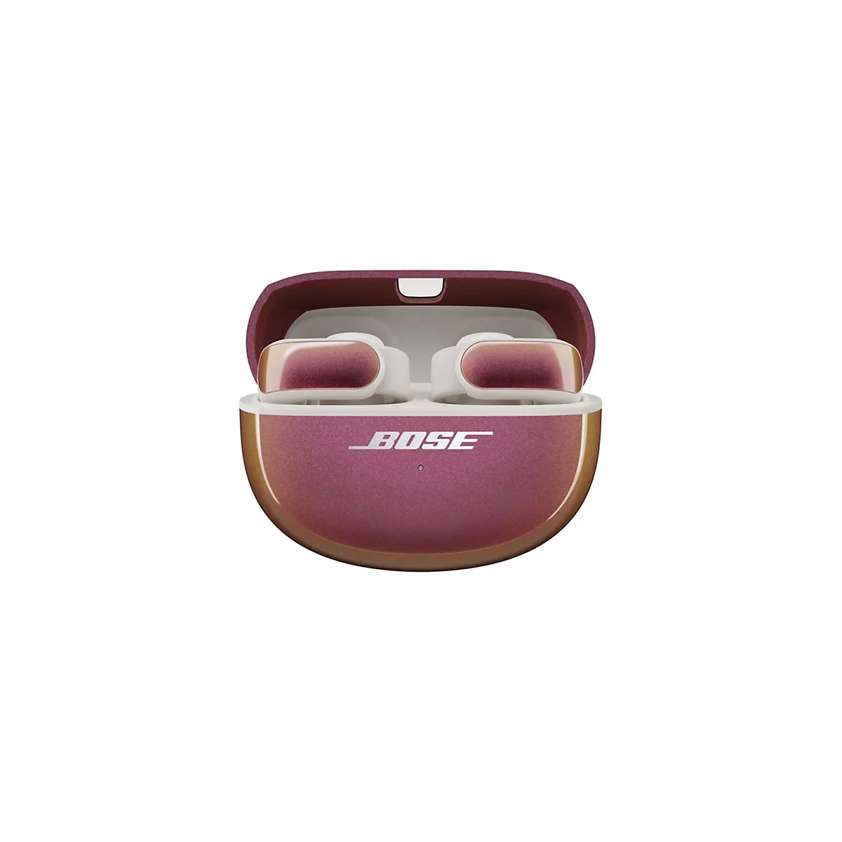 Geöffnetes Bose Ladecase mit metallisch schimmernden In-Ear-Kopfhörern in Pink und Gold vor weißem Hintergrund.