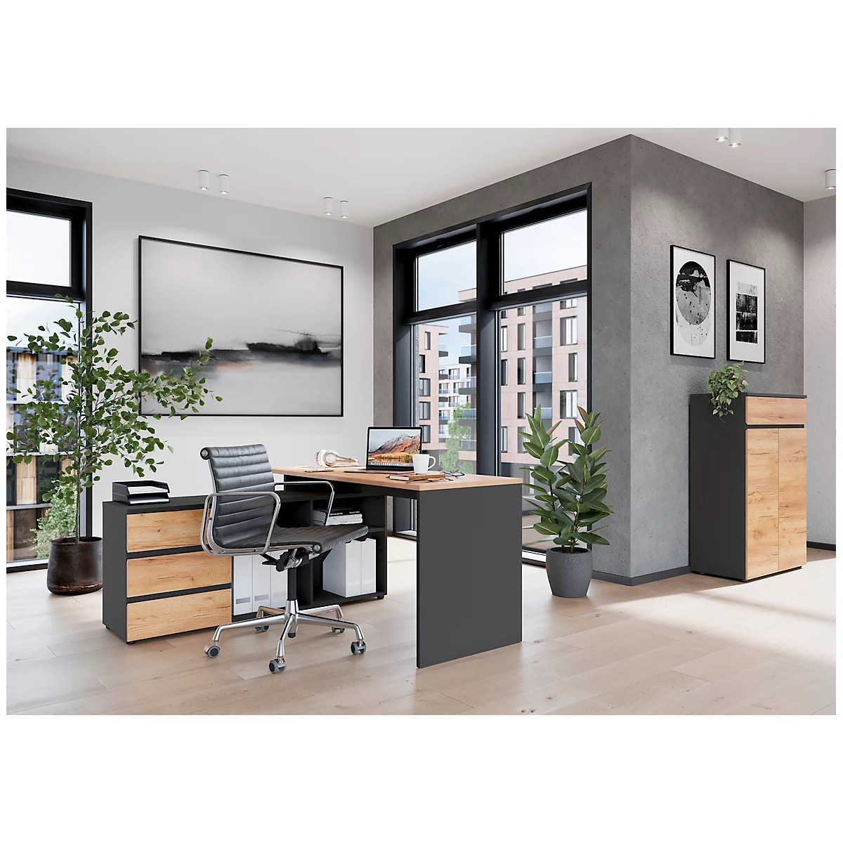 Boston bureau met sideboard, B 1450 x D 1460 x H 770 mm, Navarra eik/grafiet