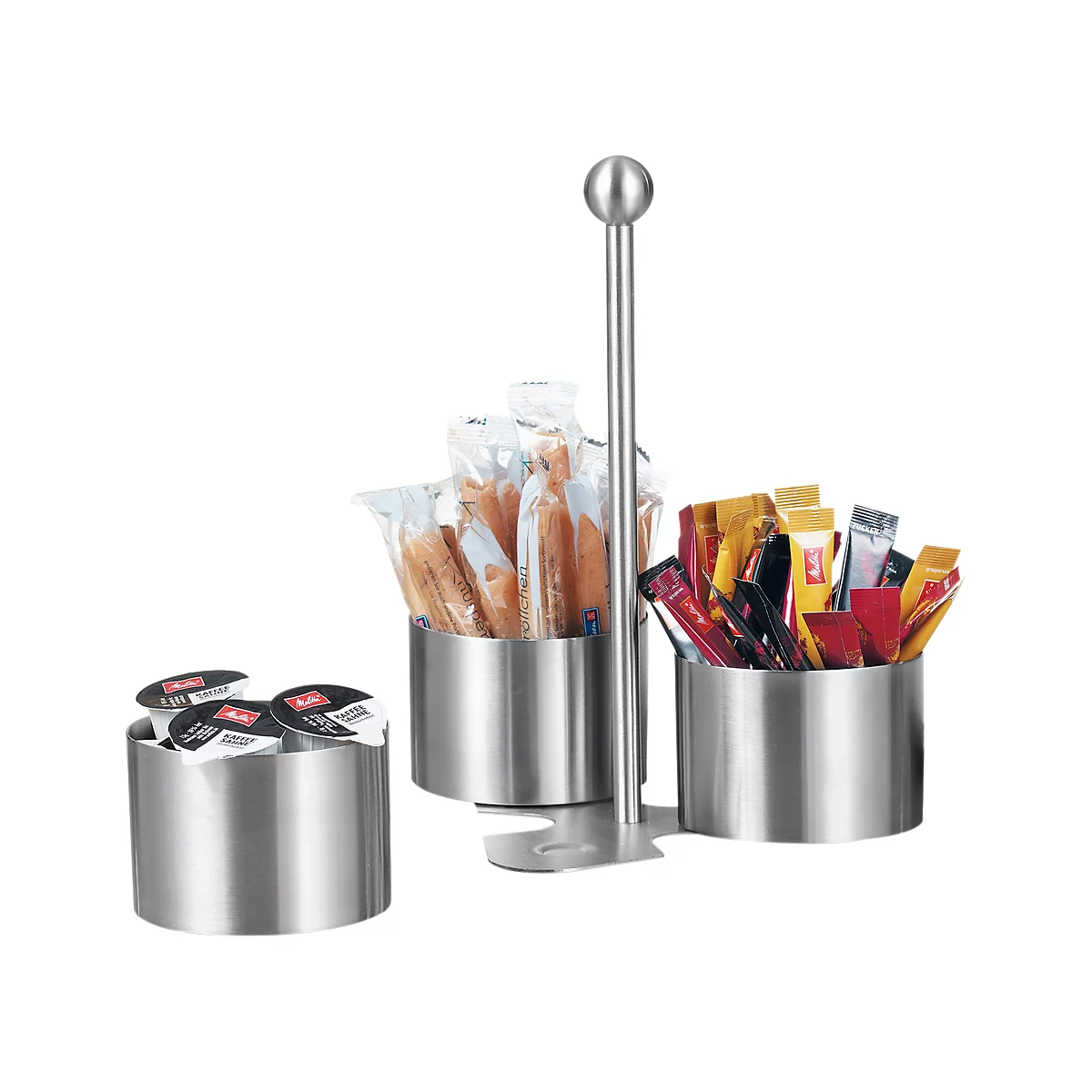 Stainless steel organizer for coffee accessories: capsules, sugar, coffee sticks.