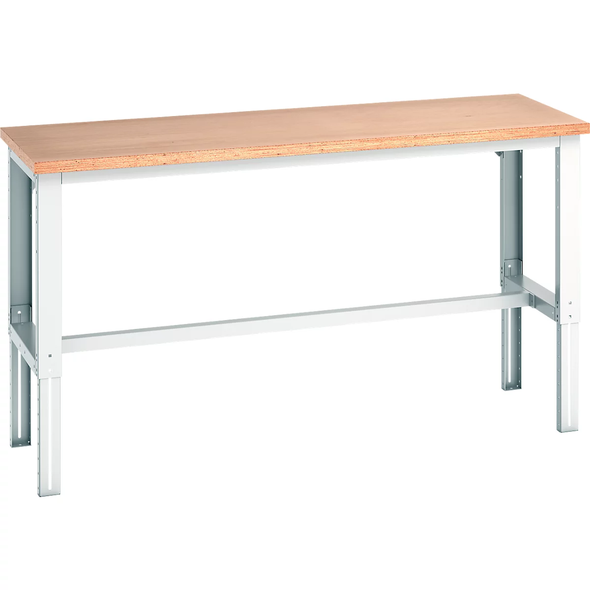 Werkbank mit hellbrauner Holzplatte und weißem Metallgestell.