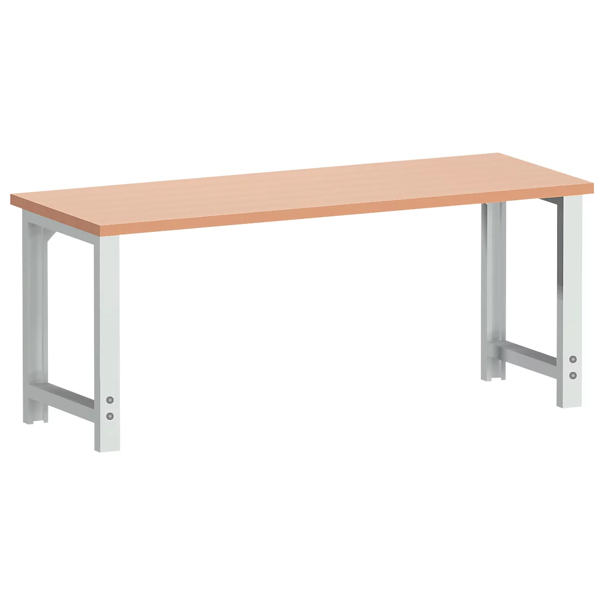 Ein heller Arbeitstisch, mit hellbrauner Tischplatte und grauem Metallgestell.