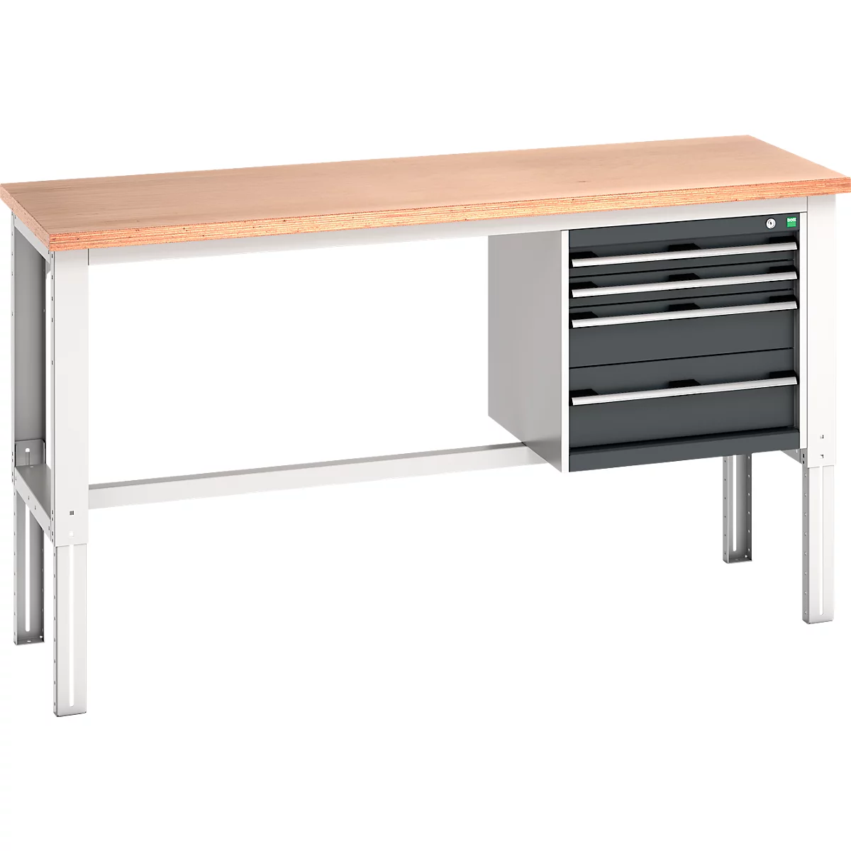 Werkbank mit Holzplatte, grauem Gestell und Schubladenelement.