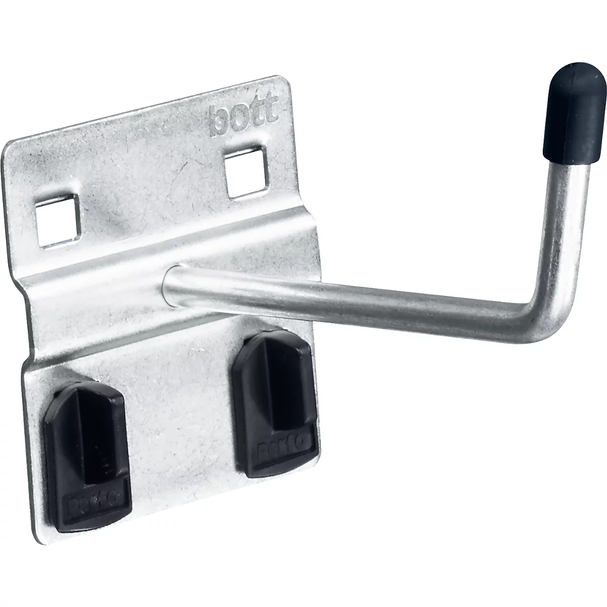 Ein Metallhaken für Werkzeuge oder Geräte. Der Haken hat einen schwarzen Gummiüberzug am Ende und zwei Halterungen.