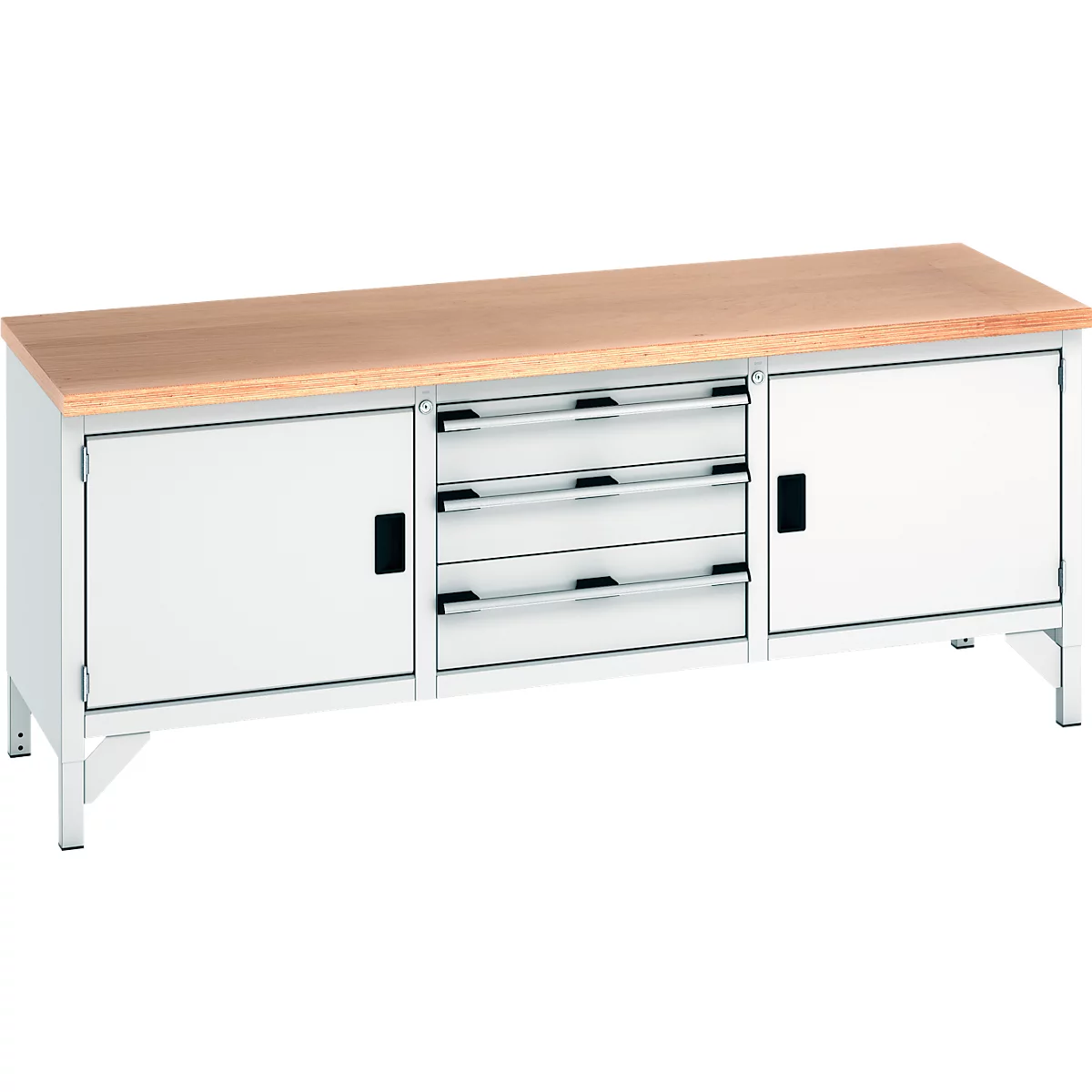 Werkbank met houten blad, witte deuren en laden. Metalen frame.