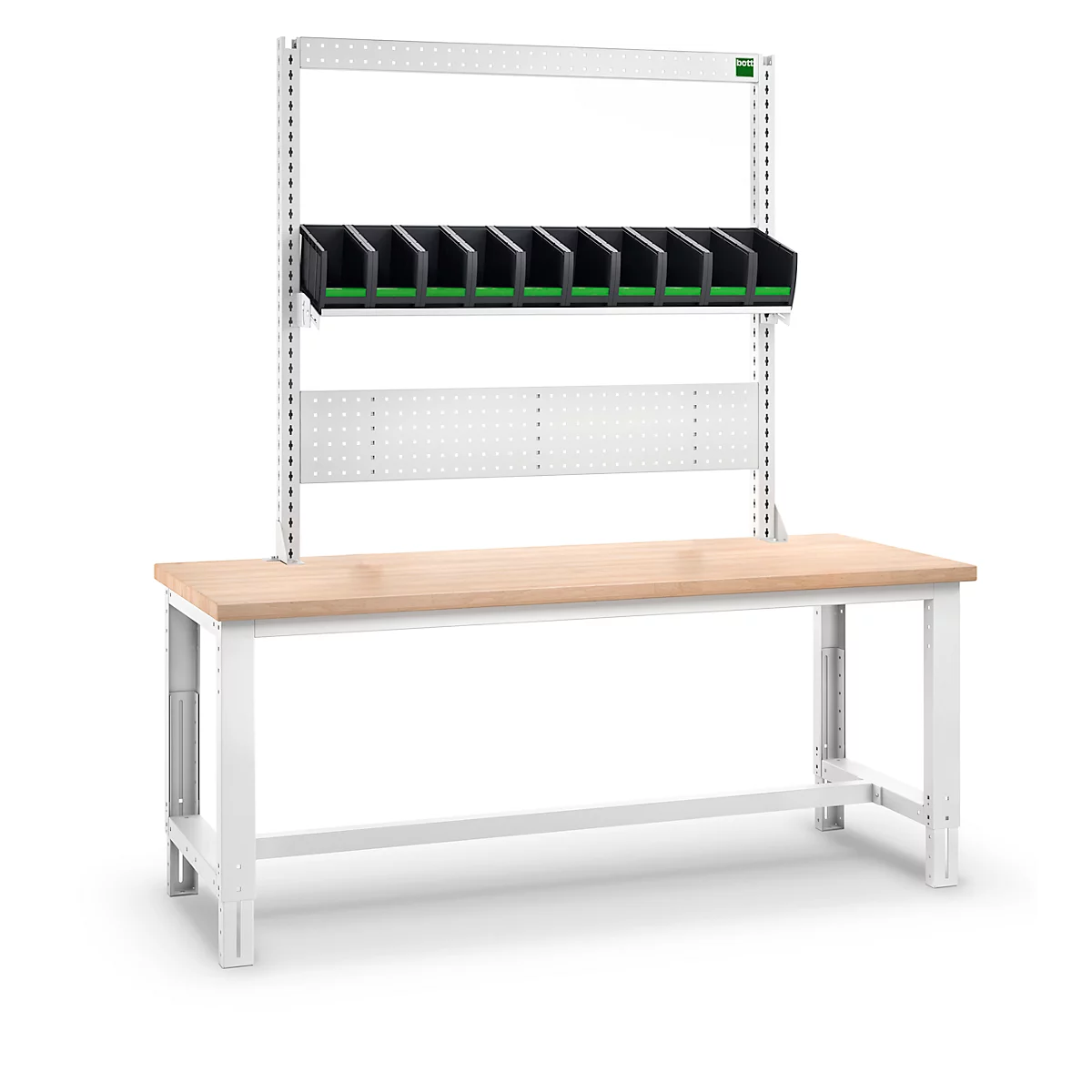 Werkbank met plank en bakken. Houten blad, wit metalen frame, zwarte bakken met groene details.