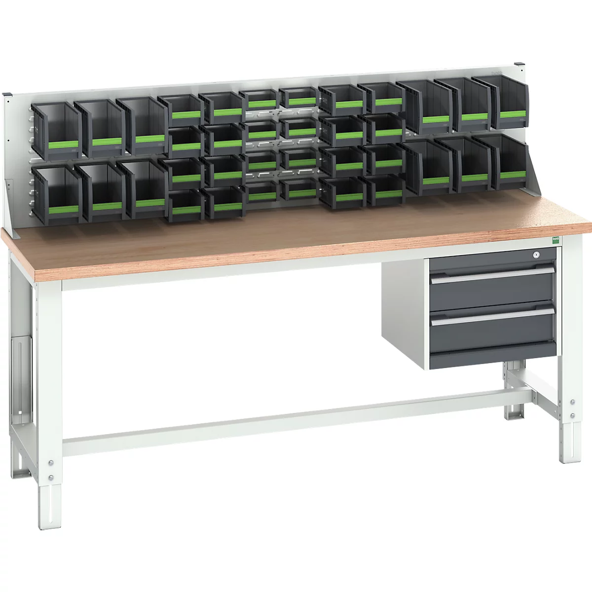Bott cubio system werkbank, met uittrekframe en sleufblad, laden, beuken multiplex plaat, tot 800 kg, B 2000 x D 750 mm, lichtgrijs