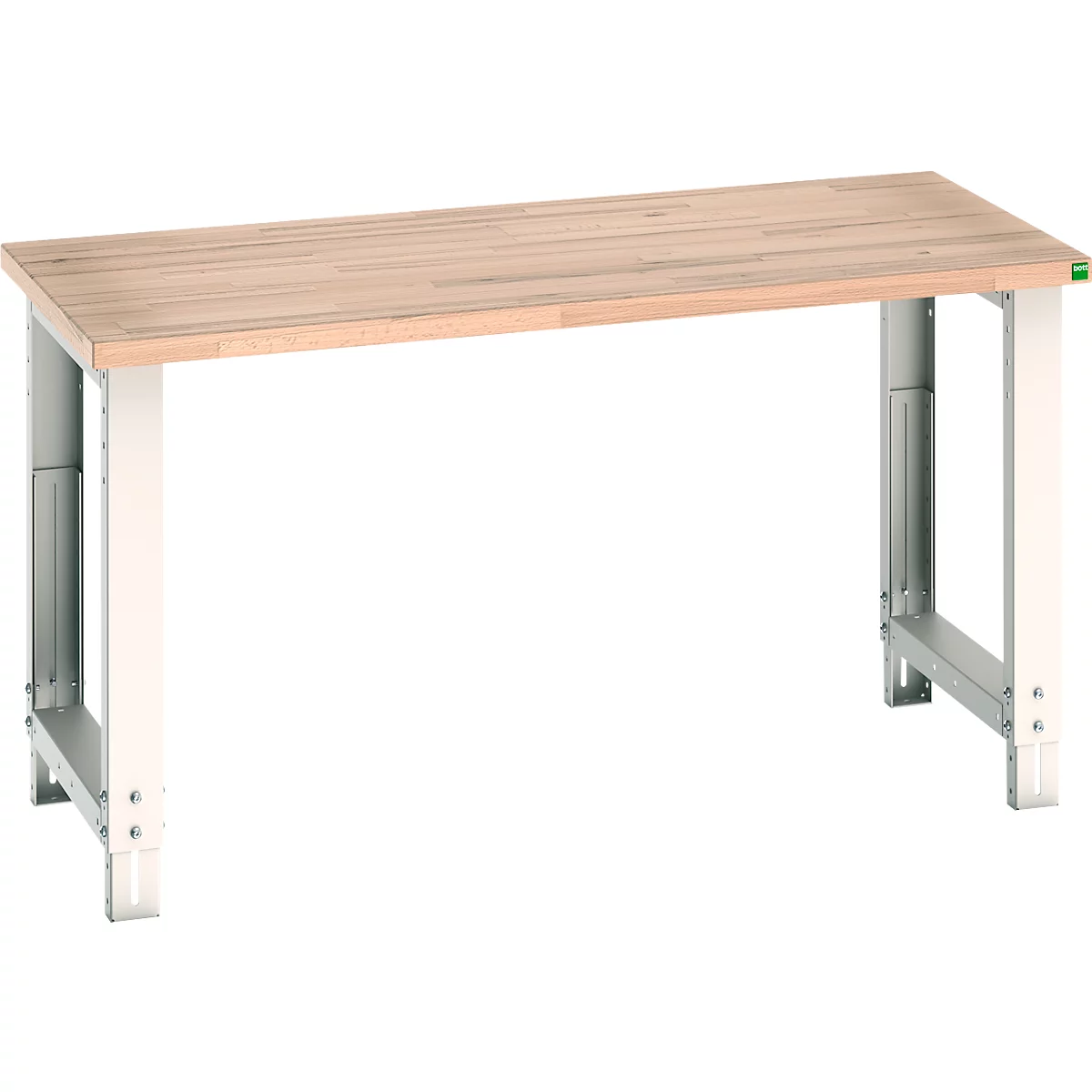 Lichtgekleurde werkbanktafel met houten blad en wit geschilderd metalen frame. De tafelpoten hebben een vierkante vorm.